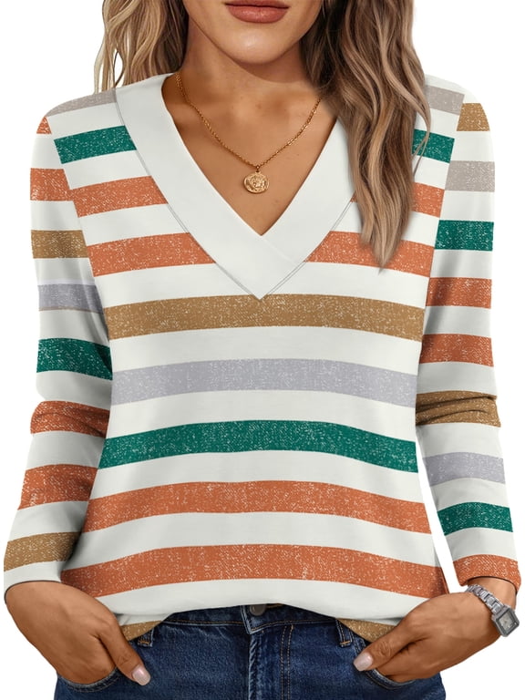 Womens Stripe Shirts V Neck Casual Tops Comfortable Shirt Soft Basic Tees Women Blouses