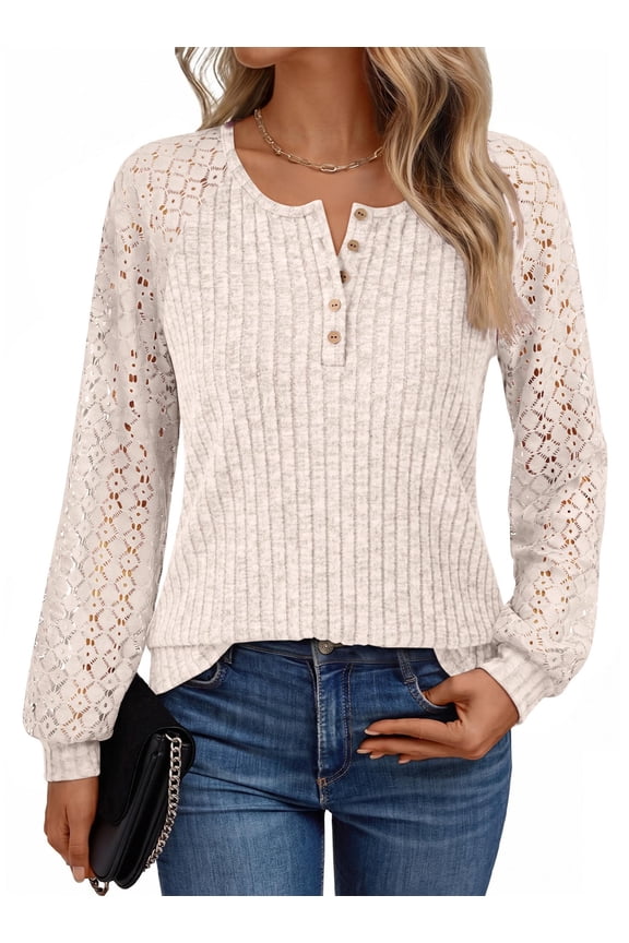 Womens Tops Hollow-Out Lace Crewneck Blouses Fashion Casual Long Sleeve Shirts