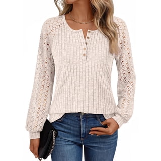 SUNBS Womens Tops Hollow-Out Lace Crewneck Blouses Fashion Casual Long Sleeve Shirts