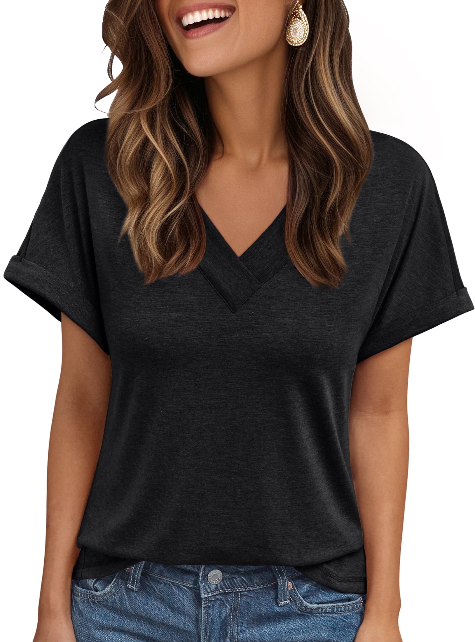 SUNBS T Shirts for Women V Neck Blouses Summer Casual Short Sleeve Top ...