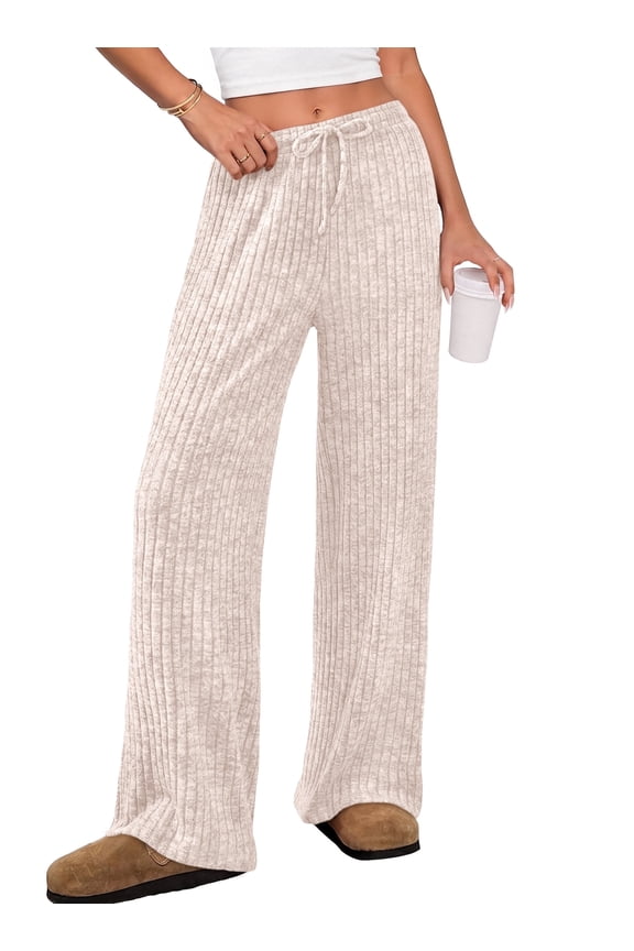 Women's Pants Stretch Knit Wide Leg High Waist Drawstring Lounge Sweatpants with Pockets