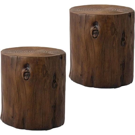 SUNBURY 15" W Stump Side Table Set of 2, Concrete Side Table Garden Stool, Walnut Tree Stump End Table,  Stand Holder for Garden Household Living Room