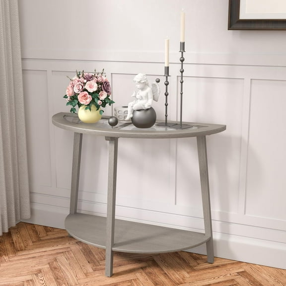 SUNBURY 40" Glass Half Moon Console Table 2 Tier Narrow Entryway Table with Gray MDF Frames, Modern Couch Table Small Console Tables for Entryway,Living Room, Hallway
