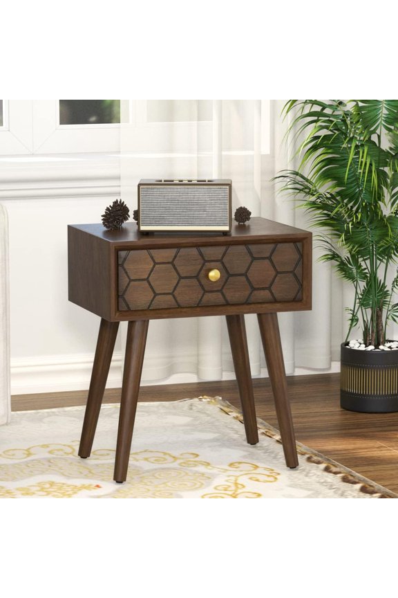 SUNBURY Brown 1-Drawer Honeycomb Texture End Table, 19.8x14x22.3 inches, 20 lbs