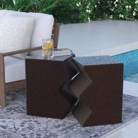 SUNBURY Concrete Side Table Set of 2, Outdoor Side Table Combine for Patio, 12" Outdoor Accent Table Patio End Table in Spotted, Ceramic Side Table Garden Stool for Outside, Rectangular, Brown