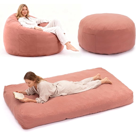 SUNBURY Giant Bean Bag Chair Bed for Adults, Full Size Convertible Bean Bag Chair Folds from Lazy Chair to Floor Bed, Love Sack Bean Bag, Big Sofa Bed, High-Density, Foam Filling, Pink