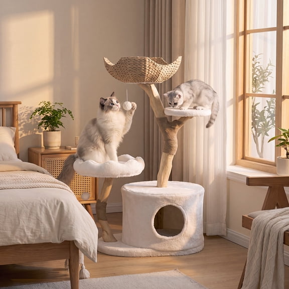 SUNBURY Modern 3-Level 42.5" Cat Tree with Sisal Scratching Posts & Washable Cushions, White