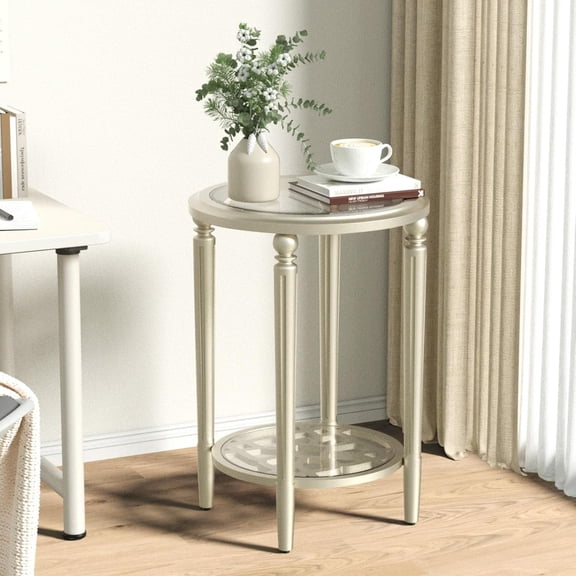 SUNBURY Modern End Table with Tempered Glass Top & Glass Lower Shelf, MDF Small Nightstand for Living Room, Bedroom, Dining Room (Champagne)