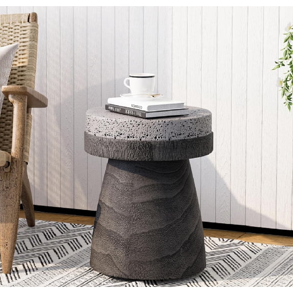 SUNBURY Outdoor Side Table - 14" Small End Table, Graphite Patchwork Patio, Round Concrete, Garden Stool Plant Stand for Poolside, Sunroom (Grey)