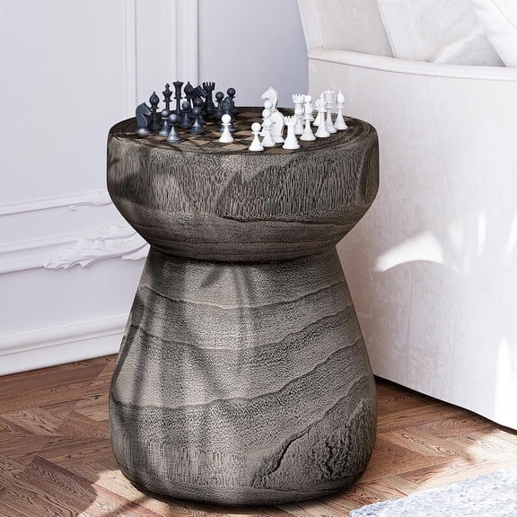 SUNBURY Outdoor Side Table, 14" Small Outdoor End Table, Patio Side Tables w Chessboard, Round Outdoors Concrete Side Tables, Garden Stool Plant Stand for Porch, Backyard (Grey)