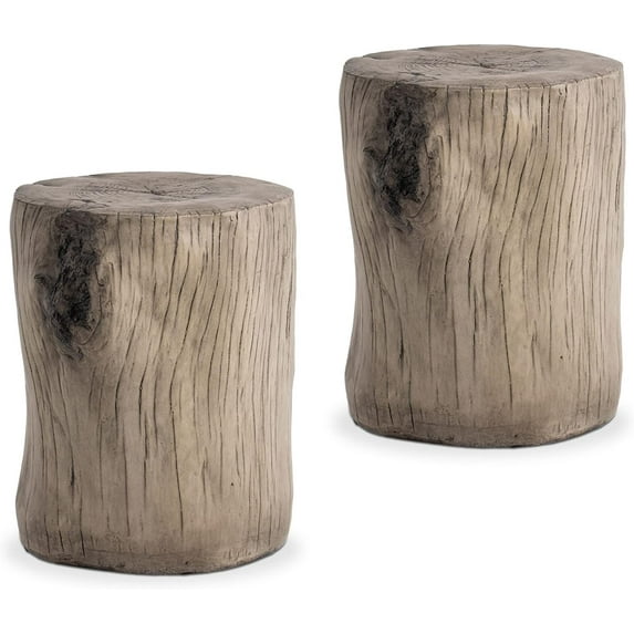 SUNBURY Outdoor Side Table Set of 2, Tree Stump Side Table Grey Colored Faux Wood, End Table Wood Stump Stool, Ottoman or Plant Stand, Deck or Garden