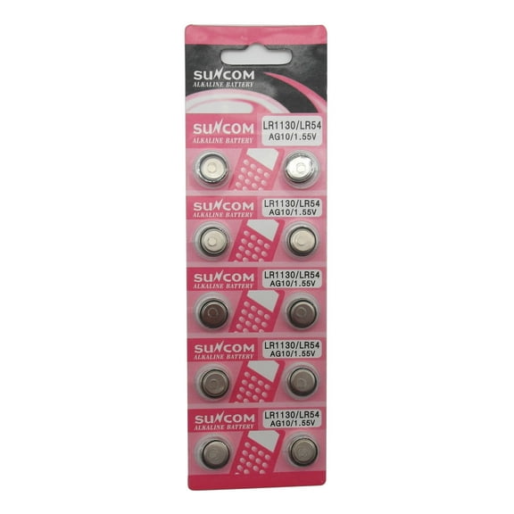 SUNCOM (10 pcs) AG10 Alkaline 1.5V Button Cell Battery Single Use LR1130 LR54 SR1130 SR1130W Watch Toys Remotes Cameras