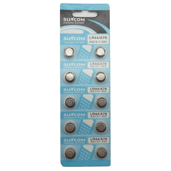 SUNCOM (10 pcs) AG13 Alkaline 1.5V Button Cell Battery Single Use LR44 A76 G13R S76E MS76H MS76 Watch Toys Remotes Cameras