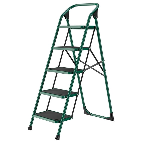 SUNCOO 5 Step Ladder, Folding Step Stool w/Non-Slip Rubber Feet, 330lbs Load Sturdy Steel Foldable Ladders, Lightweight Portable Stool Stairs, Multi-use Ladder Stand for Household and Office
