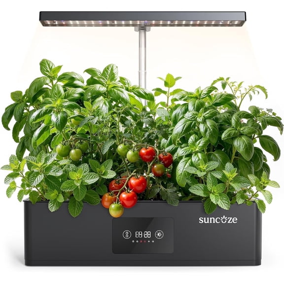 SUNCOZE 12-Pod Hydroponic Growing System, Indoor Herb Garden with 24W Full Spectrum LED Grow Light, Smart Timer, Adjustable Height, 4L Water Tank, Black