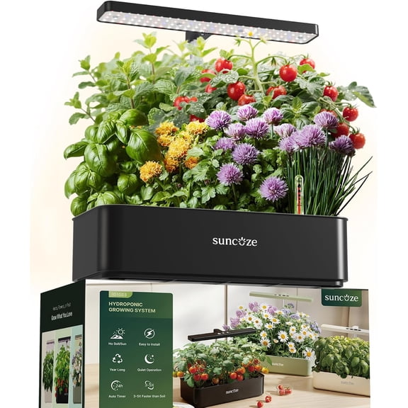 SUNCOZE 12 Pod Hydroponic Growing System, Indoor Herb Garden with 24W Powerful Output, 4L Water Tank, Black