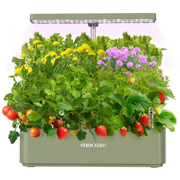 SUNCOZE Hydroponics Growing System 12 Pods Indoor Garden Kit, 24W FFull Spectrum LED, 4L Water Tank, Quiet Pump, Adjustable Height Herb Garden Planter, Green
