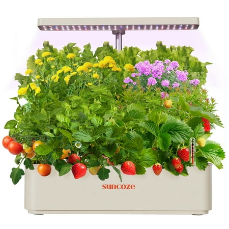 SUNCOZE 12 Pods Hydroponic Growing System Indoor Herb Garden with Grow Light Germination Starter Kit Warm Gray