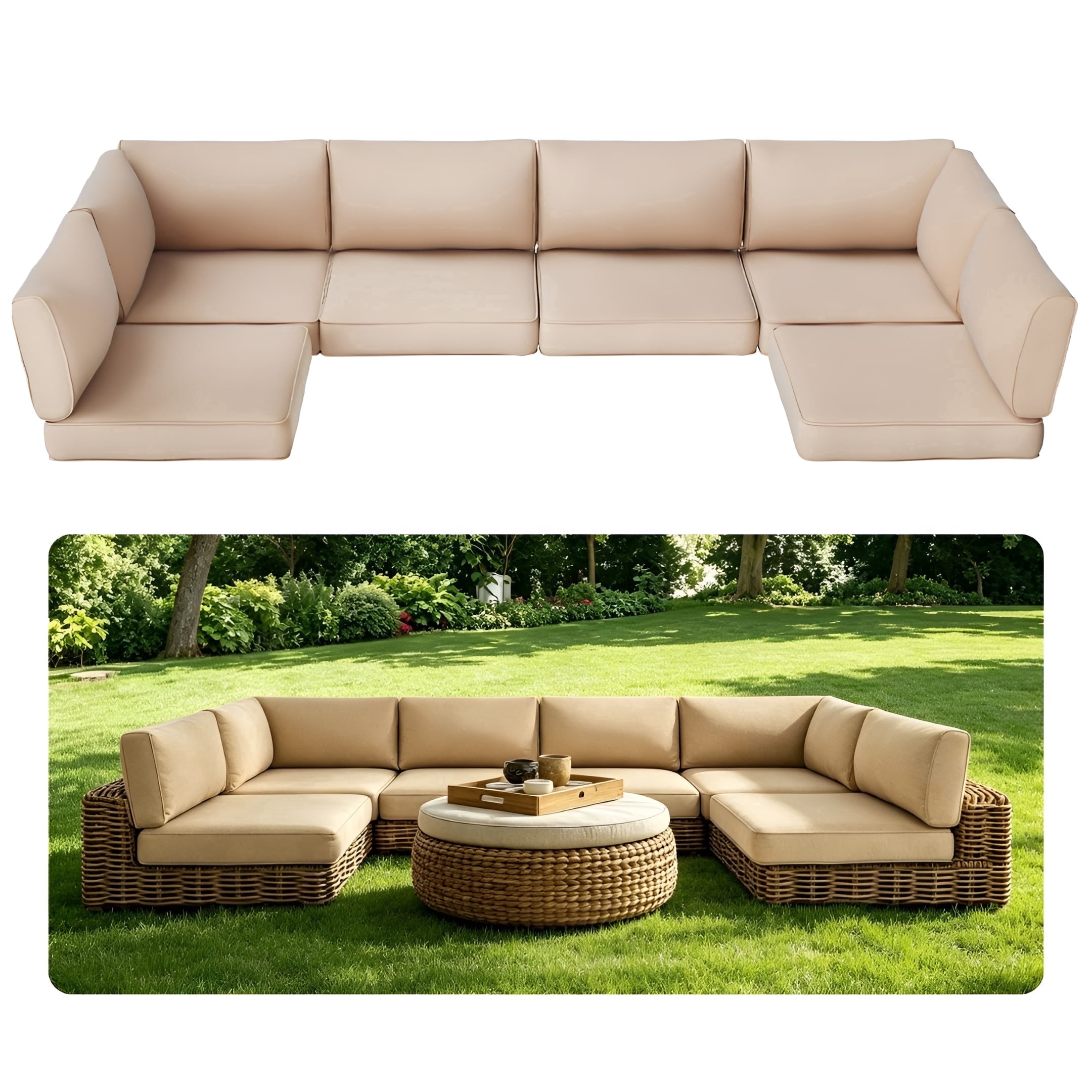 SUNCOZE 14-Piece Outdoor Patio Cushions Set for 6-Seat Sectional Sofa, 25.6" x 25.6" Replacement Couch Cushions, 4-Inch Thick Anti-Slip Garden Furniture Cushions, Khaki