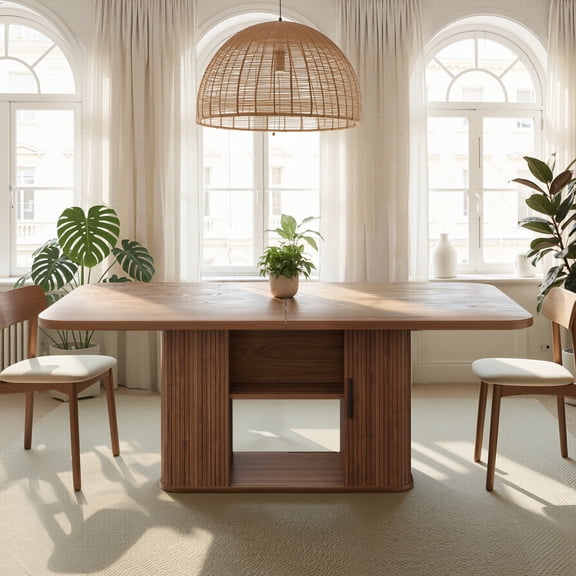 SUNCOZE 70in Dining Table for 4-8, Dining Leisure Table with Storage Shelves,1.38" Thick Top, Scratch-Resistant,Natural Wood Finish,Multi-Use for Dining Room Kitchen Office,Walnut Finish