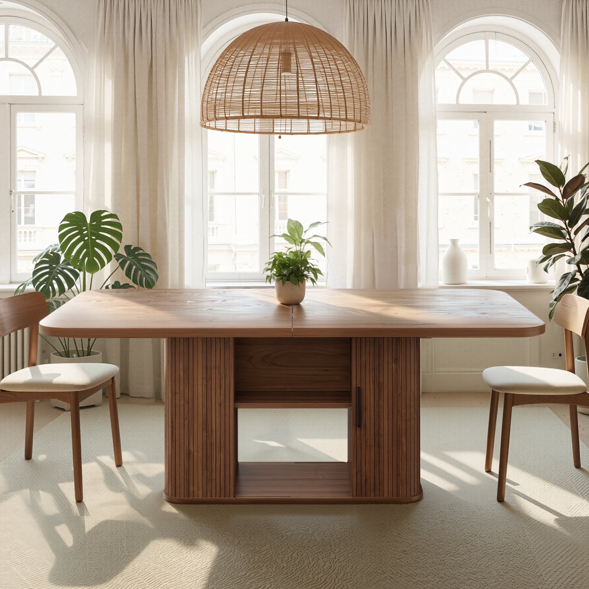SUNCOZE 70in Dining Table for 4-8, Dining Leisure Table with Storage Shelves, 1.38" Thick Top, Scratch-Resistant, Natural Wood Finish, Multi-Use for Dining Room Kitchen Office