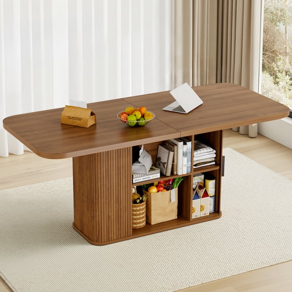 SUNCOZE 70-Inch Dining Table with Storage Shelves, Scratch-Resistant 1.38" Thick Top, Walnut Finish, Multi-Use for Dining Room, Kitchen, Office (Seats 4-8)