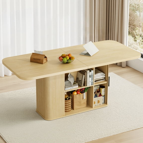 SUNCOZE 70-Inch Dining Table with Storage Shelves, Scratch-Resistant 1.38" Thick Top, Wood  Finish, Multi-Use for Dining Room, Kitchen, Office (Seats 4-8)