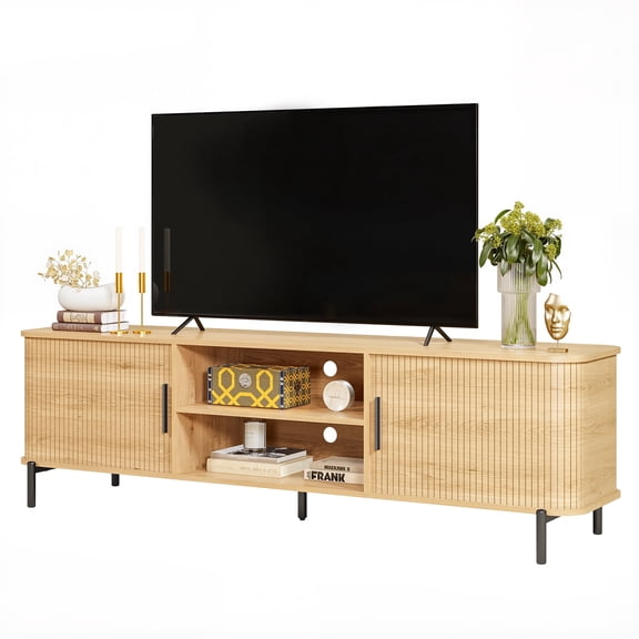 SUNCOZE 70 Inch TV Stand for TVs Up to 80 Inch, Modern Entertainment Center with Storage Cabinets and Open Shelves, Wood Finish