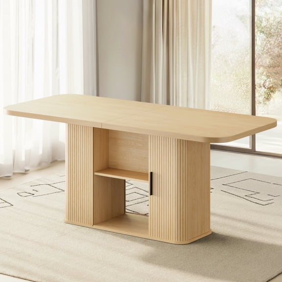 SUNCOZE 70" Dining Table for 4-8, Expandable Dining Leisure Table with Storage Shelves, 1.38" Thick Top, Scratch-Resistant, Natural Wood Finish, Multi-Use for Dining Room Kitchen Office, Wood