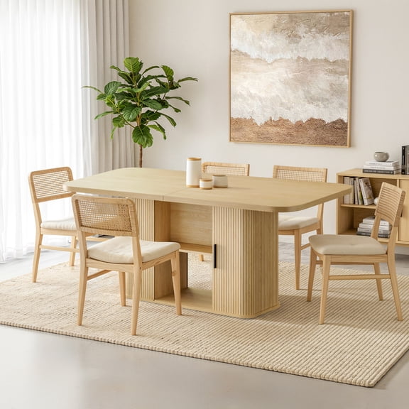 SUNCOZE 70in Dining Table for 4-8, Dining Leisure Table with Storage Shelves, 1.38" Thick Top, Scratch-Resistant, Natural Wood Finish, Multi-Use for Dining Room Kitchen Office, Wood Finish