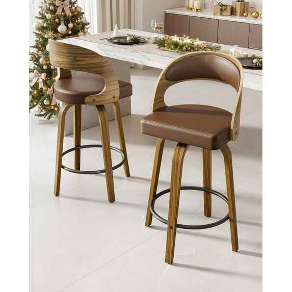 SUNCOZE Bar Stools Set of 2, 26 Inch Counter Height Barstools with Backs, Modern Swivel Bar Stools with PU Leather Seat for Kichen Island and Bar, Brown