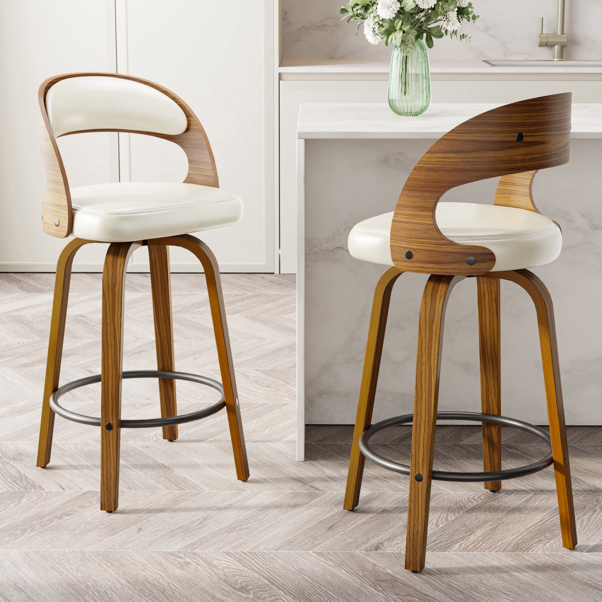SUNCOZE Bar Stools Set of 2, 26 Inch Counter Height Modern Swivel Bar Chairs with PU Leather Upholstery and Solid Wood Legs, for Kitchen Island or Home Bar, Beige