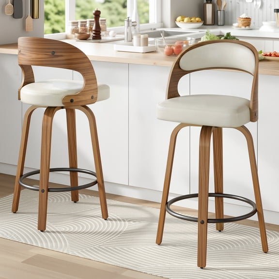 SUNCOZE Bar Stools Set of 2, 26 Inch Counter Height Modern Swivel Bar Chairs with PU Leather Upholstery and Solid Wood Legs, for Kitchen Island or Home Bar, Beige