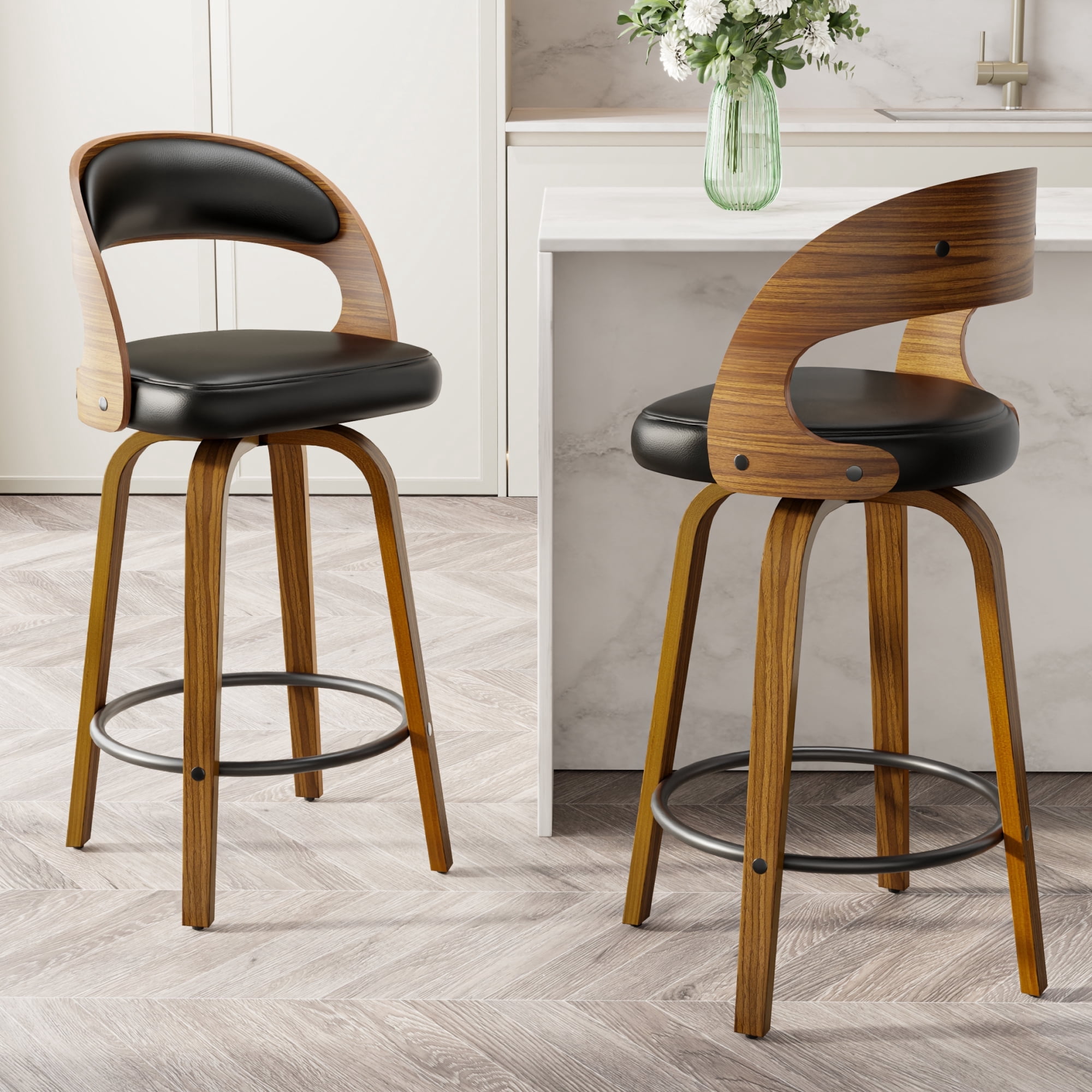 SUNCOZE Bar Stools Set of 2, 26 Inch Counter Height Modern Swivel Bar Chairs with PU Leather Upholstery and Solid Wood Legs, for Kitchen Island or Home Bar, Black