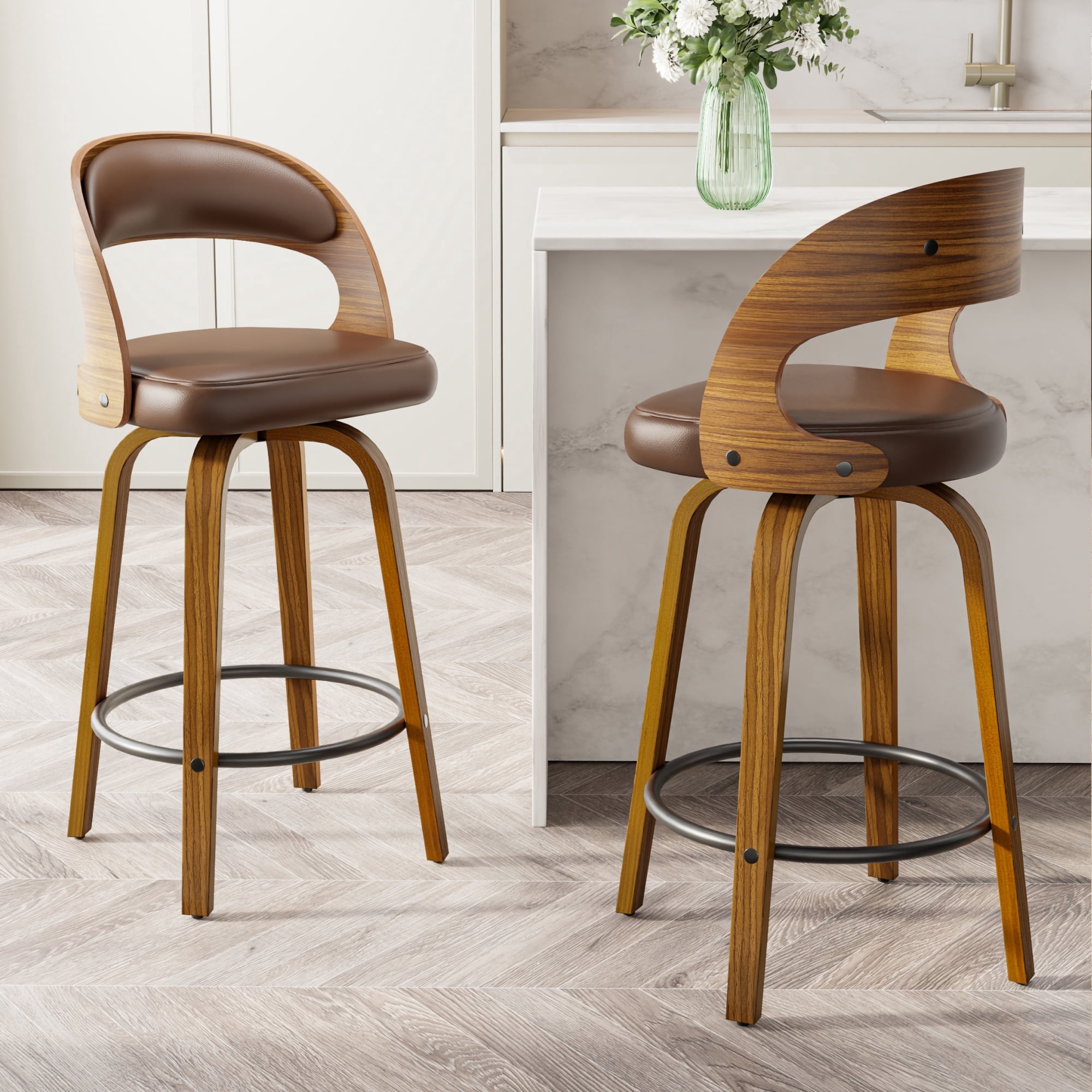 SUNCOZE Bar Stools Set of 2, 26 Inch Counter Height Modern Swivel Bar Chairs with PU Leather Upholstery and Solid Wood Legs, for Kitchen Island or Home Bar, Brown