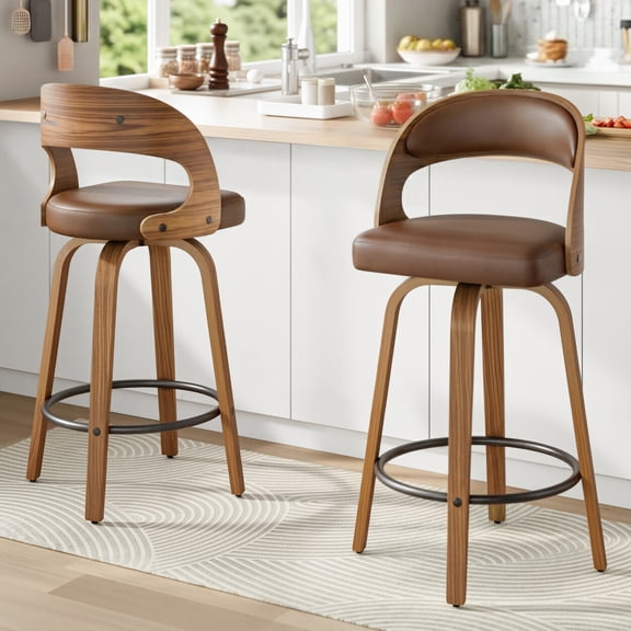 SUNCOZE Bar Stools Set of 2, 26 Inch Counter Height Modern Swivel Bar Chairs with PU Leather Upholstery and Solid Wood Legs, for Kitchen Island or Home Bar, Brown