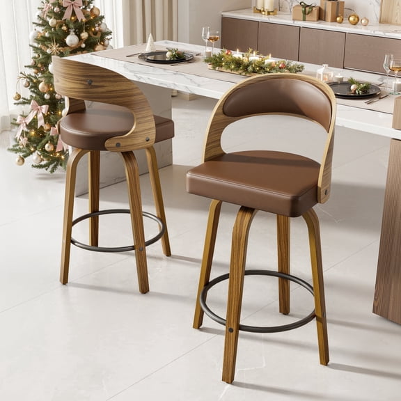 SUNCOZE Counter Height Bar Stools Set of 2, 37 Inch Swivel Bar Chairs with PU Leather Upholstery, Solid Wood Legs, Modern Seating for Kitchen Island & Home Bar