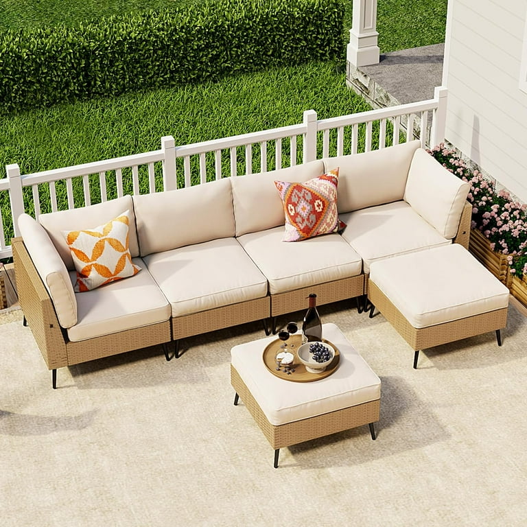 SUNCOZE Outdoor Sectional Sofa 6 Pieces Patio Funiture Sets PE Rattan Wicker Conversation Set with Beige Cushion For Backyard