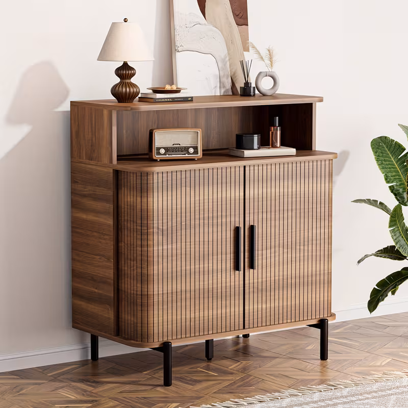 SUNCOZE Sideboard Buffet Cabinet with Sliding Doors, Modern Storage Cabinet for Dining Room, Living Room, Kitchen or Entryway, Walnut Finish