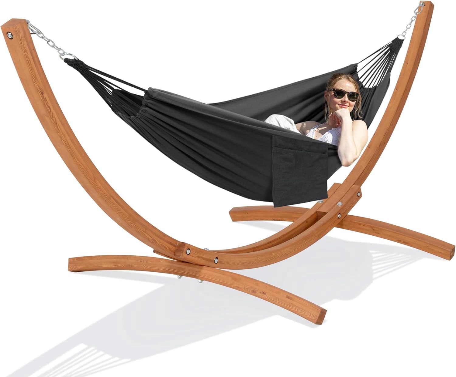 SUNCREAT 2 Person Hammock with 10 ft Wooden Stand Included, Outdoor Hammocks for Outside, 475 lbs Capacity, Dark Gray