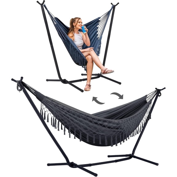 SUNCREAT 2-in-1 Hammocks Convertible Portable Double Hammock with Stand Included, Outdoor Hammock and Stand, Patented, Dark Grey with Tassel