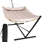 SUNCREAT 55 inch Large Quilted Double Hammock with Steel Stand for Camping, 450lbs Capacity,with Curved Bamboo Bar, Tan