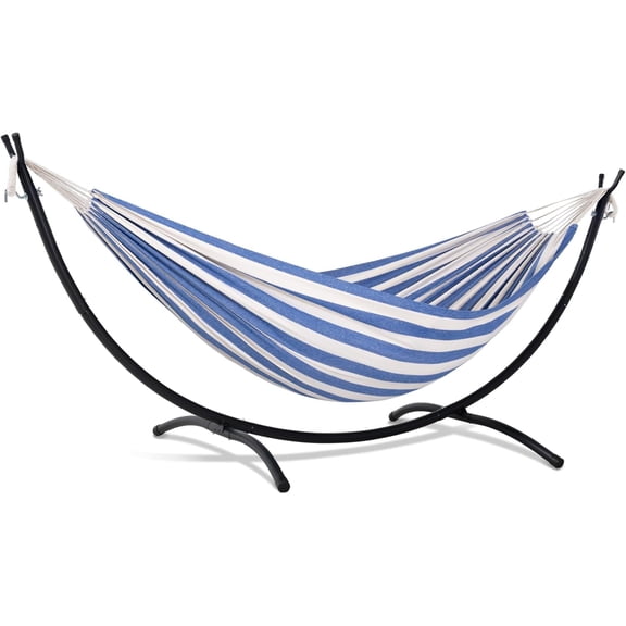 SUNCREAT Backyard Hammock with Frame, Hammock Frames for Outside, 475 lbs Capacity, Blue & White Stripes