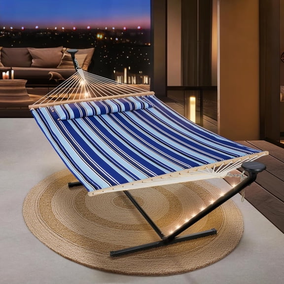 SUNCREAT Double Backyard Hammock with Solar Powered Lights for Outside, 475 lbs Capacity, Heavy Duty Self Standing Hammock with 12 ft Stand, Blue