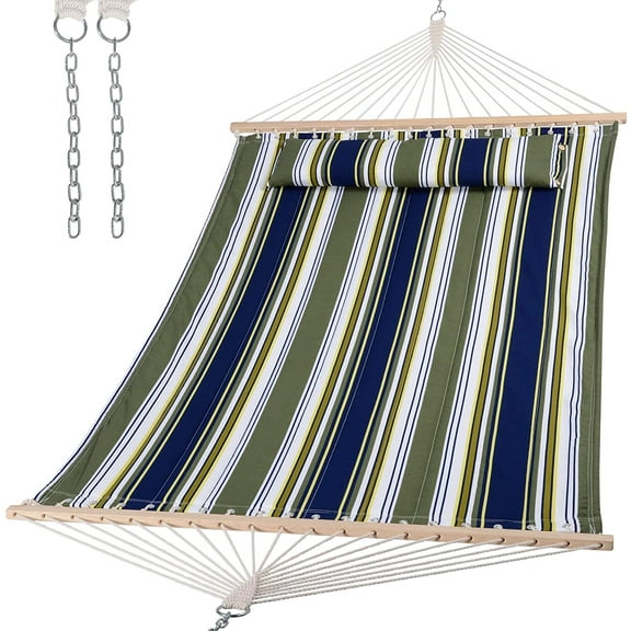 SUNCREAT Double Cotton Hammocks 2 Person with Extra Large Pillow, Larger Hammock Bed Size of 78.7” Long x 55.1” Wide, Blue&Aqua（Stand is Not Include）