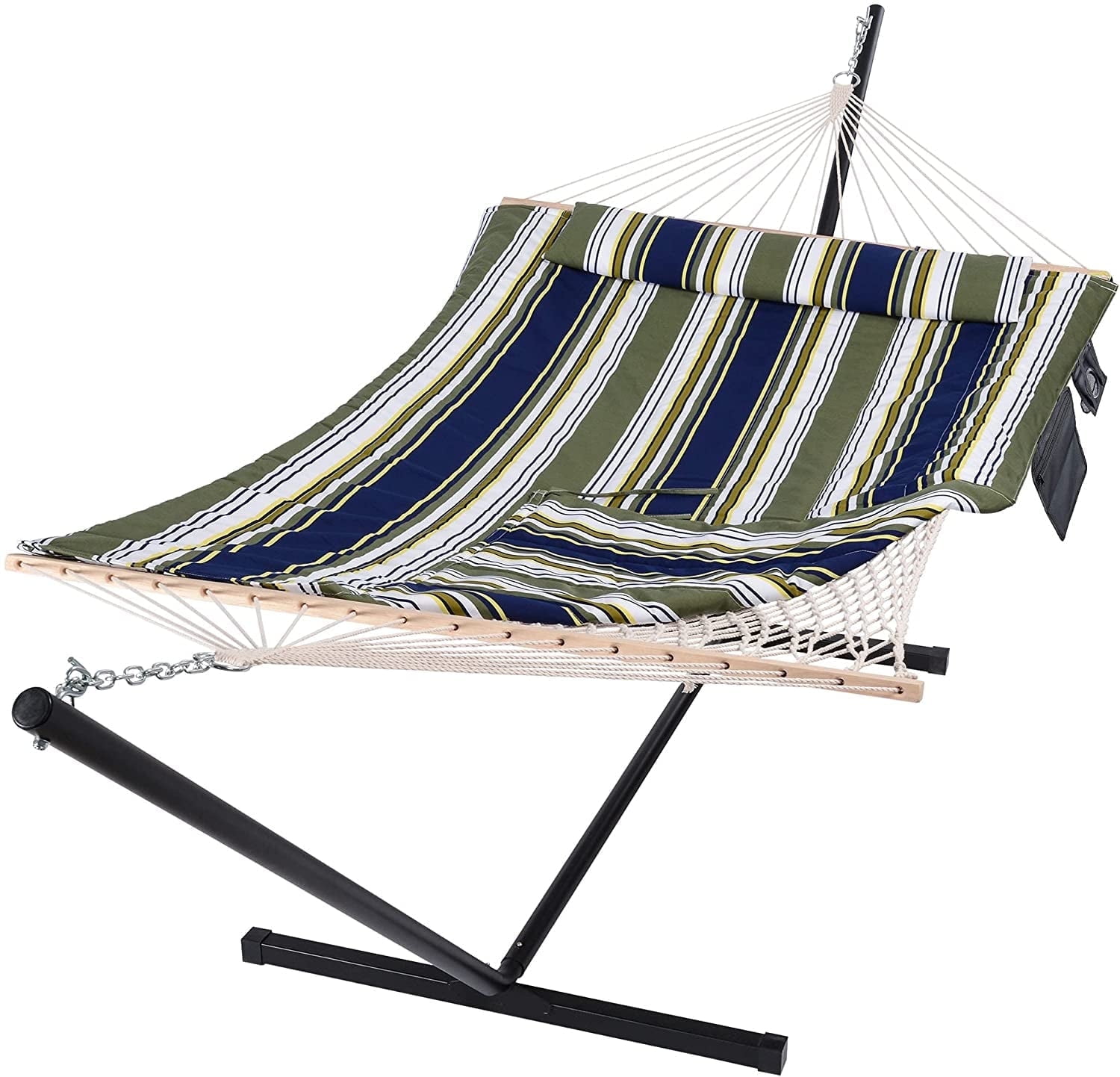 SUNCREAT Double Hammock, Extra Large Quilted Fabric Swing with Hardwood Spreader Bars,Blue&Aqua