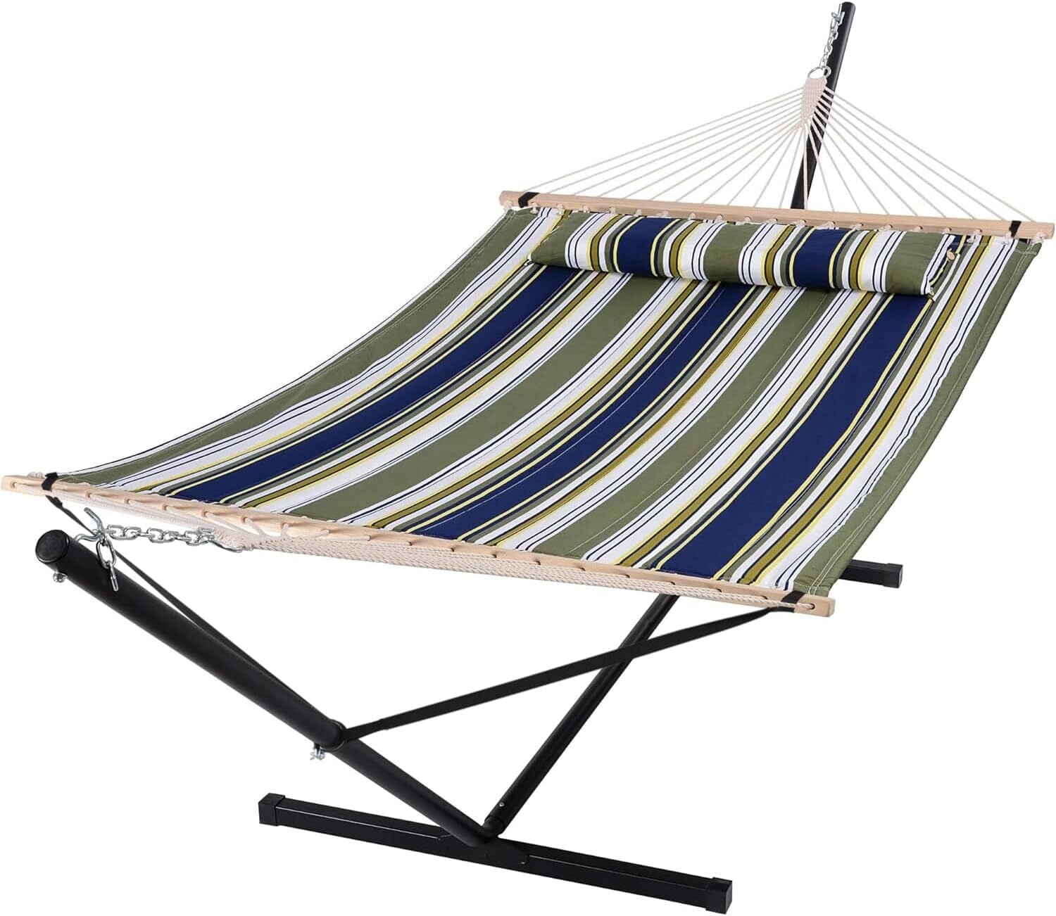SUNCREAT Double Hammock, Extra Large Quilted Fabric Swing with Hardwood Spreader Bars,Blue&Aqua