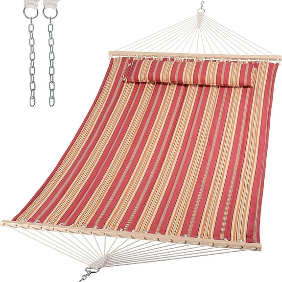 SUNCREAT Double Hammock Quilted Fabric Swing with Spreader Bar, Detachable Pillow, 55” x79” Large Hammock, Red Stripes(stand is not include)