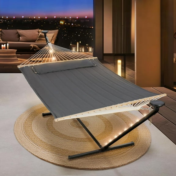 SUNCREAT Double Hammock with 12 ft Stand, Solar Powered Lights Included, Outdoor Hammock for Outside, Dark Gray