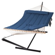 SUNCREAT Double Hammock with Stand, Two Person Cotton Rope Hammock-- 147.6(L)*52(W)*47.6(H) , Navy